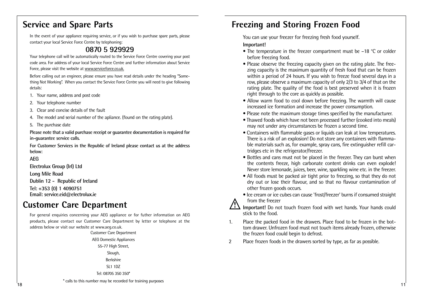 Freezing and storing frozen food, Service and spare parts, Customer care department | Electrolux C 718 40-4i User Manual | Page 11 / 28