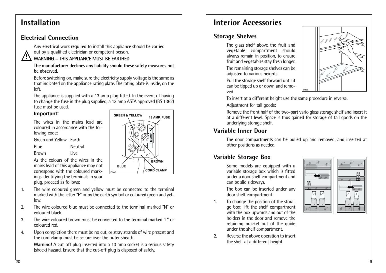 Interior accessories, Installation, Storage shelves | Variable inner door, Variable storage box, Electrical connection | Electrolux C 718 40-4i User Manual | Page 20 / 28