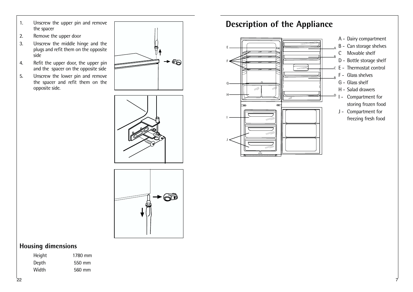 Description of the appliance, Housing dimensions | Electrolux C 718 40-4i User Manual | Page 22 / 28