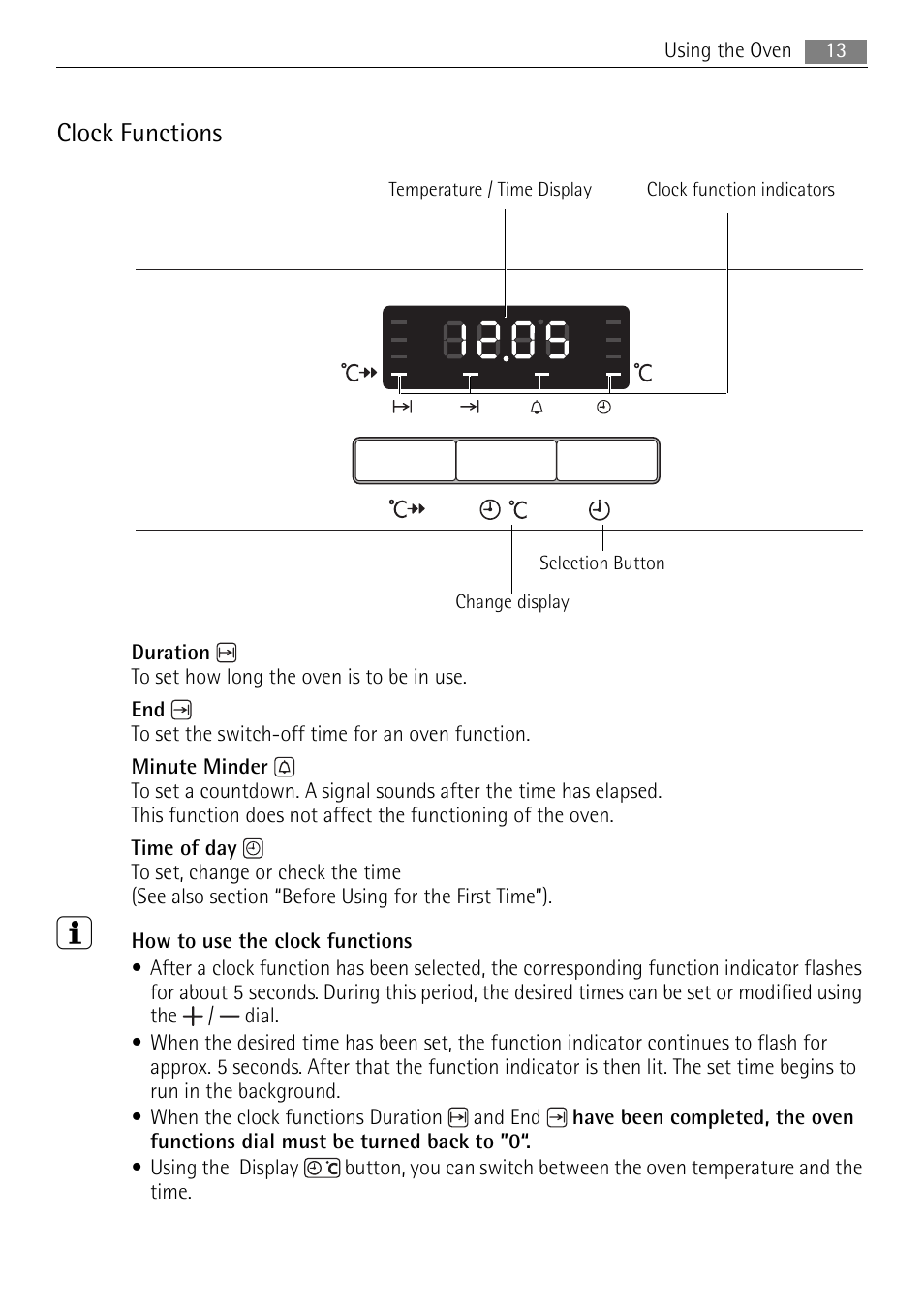 Clock functions | Electrolux B3741-5 User Manual | Page 13 / 48