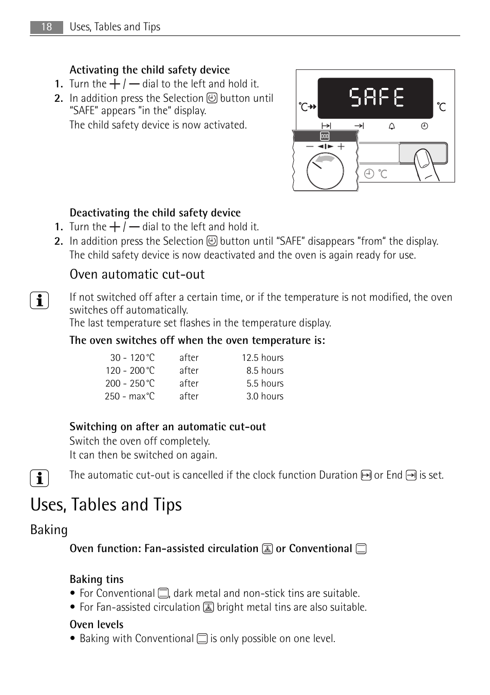 Uses, tables and tips, Oven automatic cut-out, Baking | Electrolux B3741-5 User Manual | Page 18 / 48