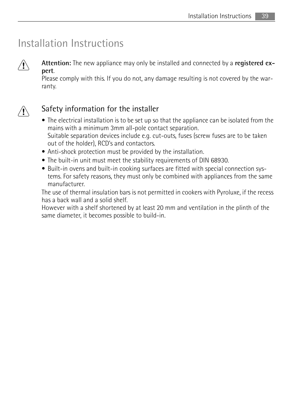 Installation instructions | Electrolux B3741-5 User Manual | Page 39 / 48