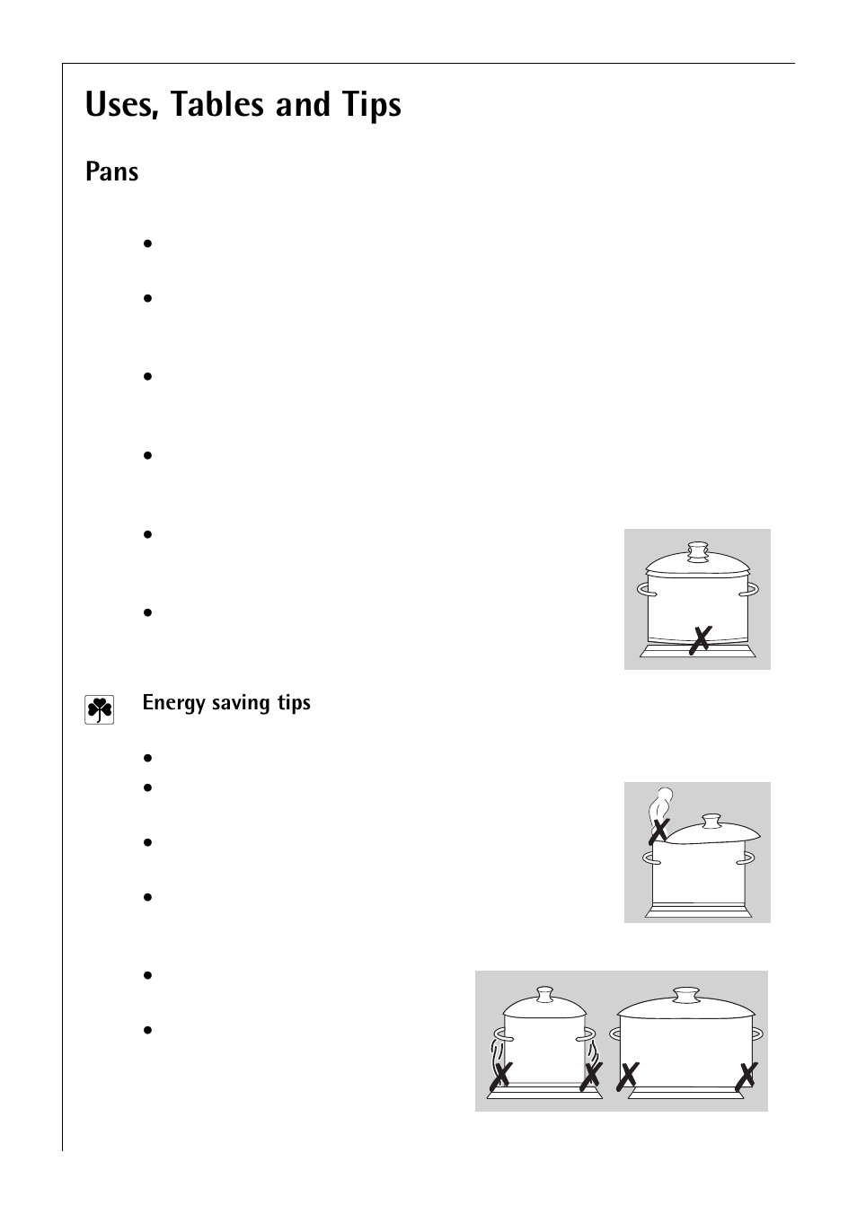 Uses, tables and tips, Pans | Electrolux C75301K User Manual | Page 26 / 44