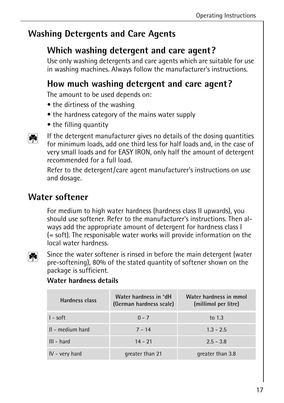 How much washing detergent and care agent, Water softener | Electrolux LAVAMAT W 1460 User Manual | Page 17 / 52