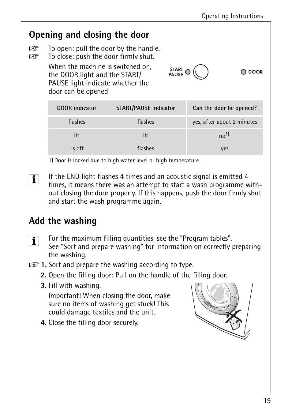 Opening and closing the door, Add the washing | Electrolux LAVAMAT W 1460 User Manual | Page 19 / 52