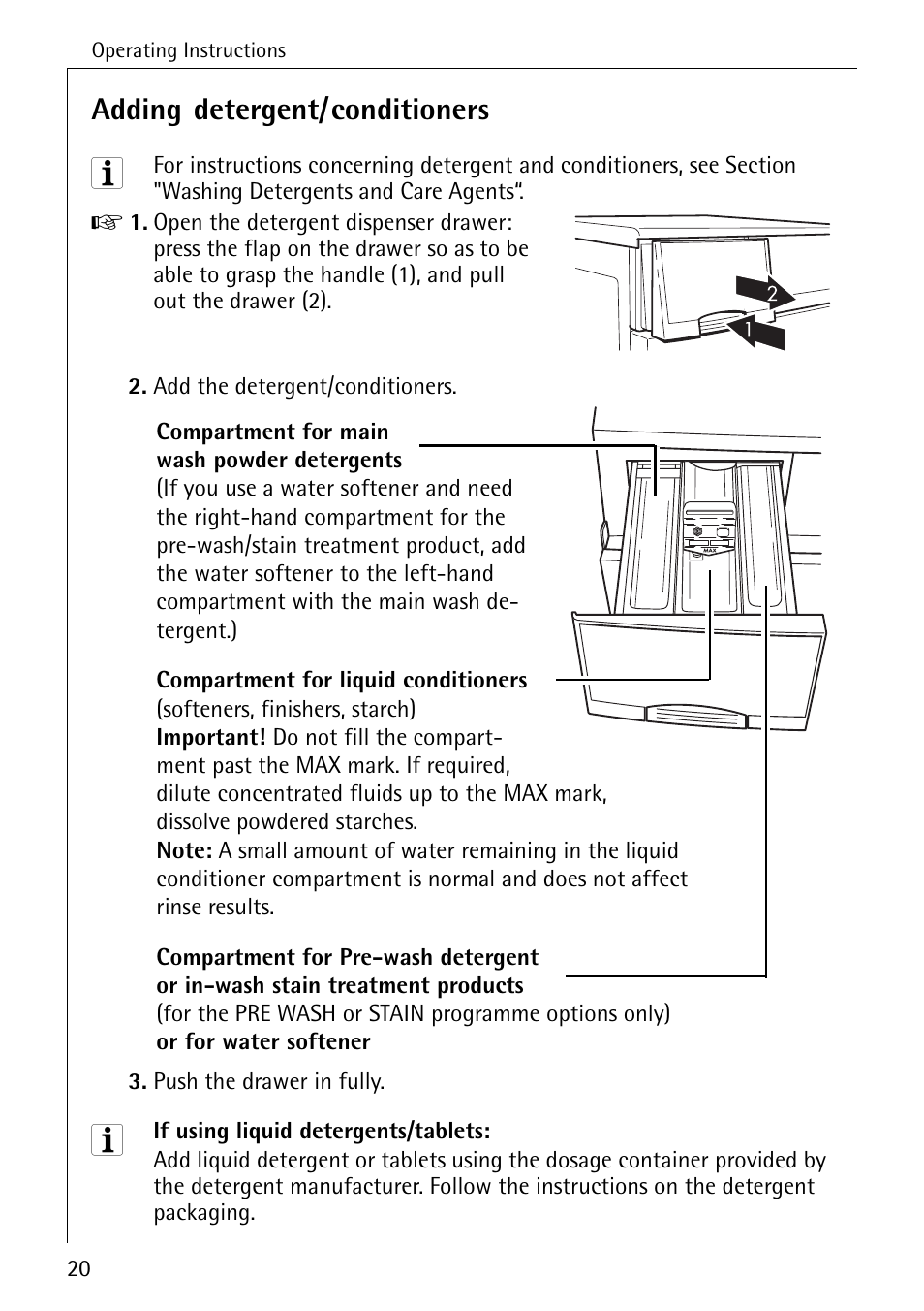 Adding detergent/conditioners | Electrolux LAVAMAT W 1460 User Manual | Page 20 / 52