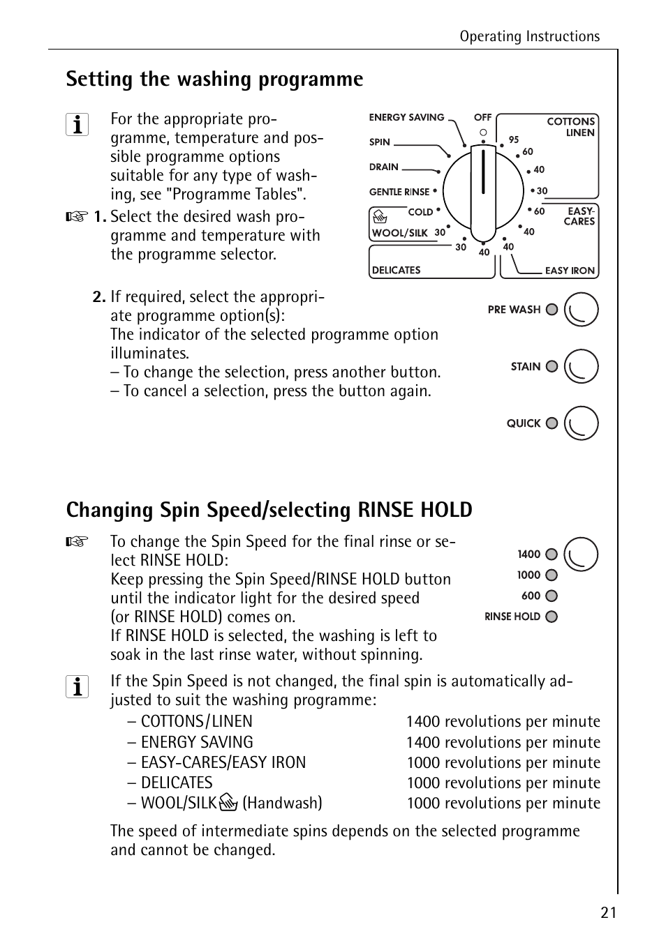 Setting the washing programme, Changing spin speed/selecting rinse hold | Electrolux LAVAMAT W 1460 User Manual | Page 21 / 52