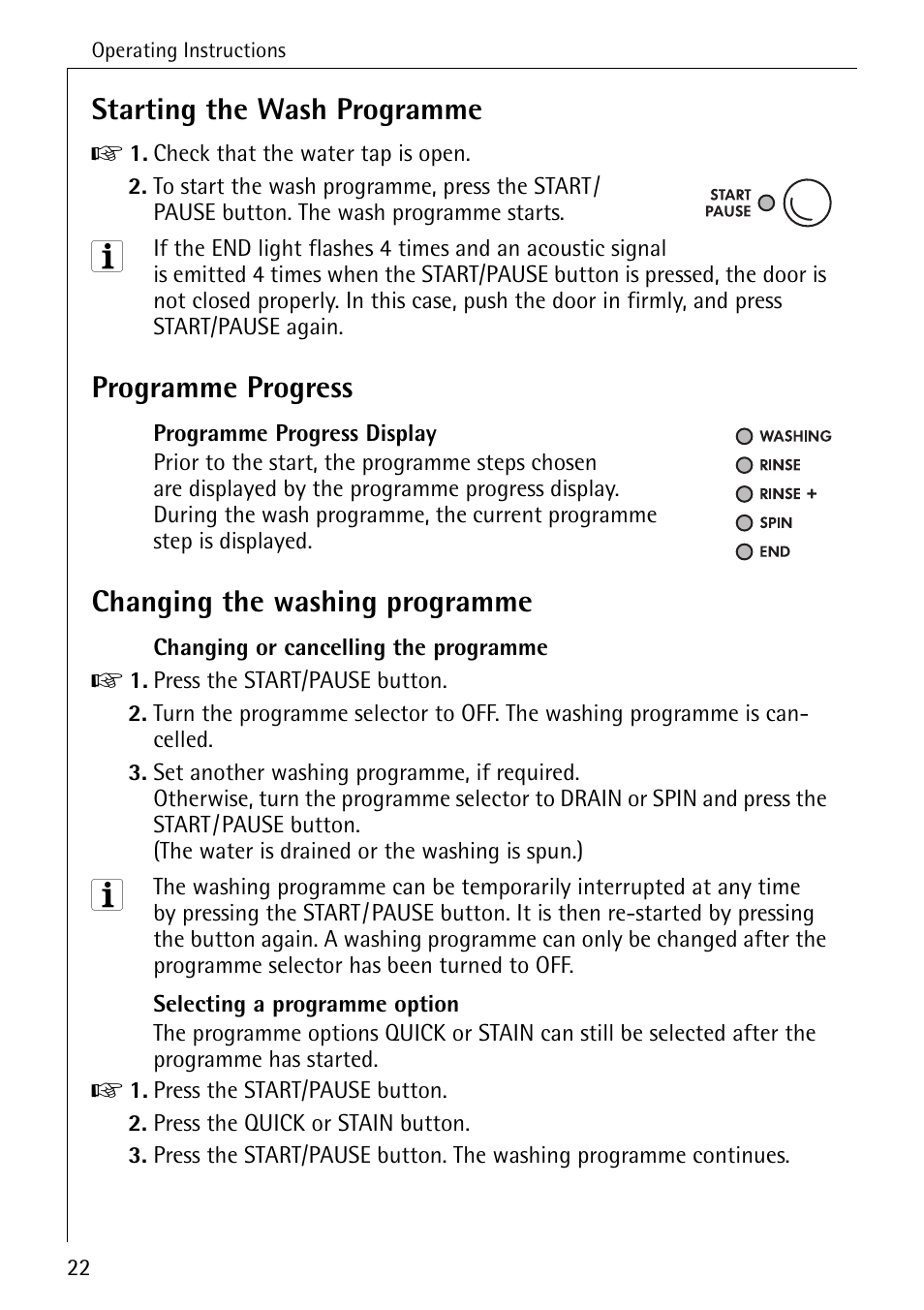 Starting the wash programme, Programme progress, Changing the washing programme | Electrolux LAVAMAT W 1460 User Manual | Page 22 / 52