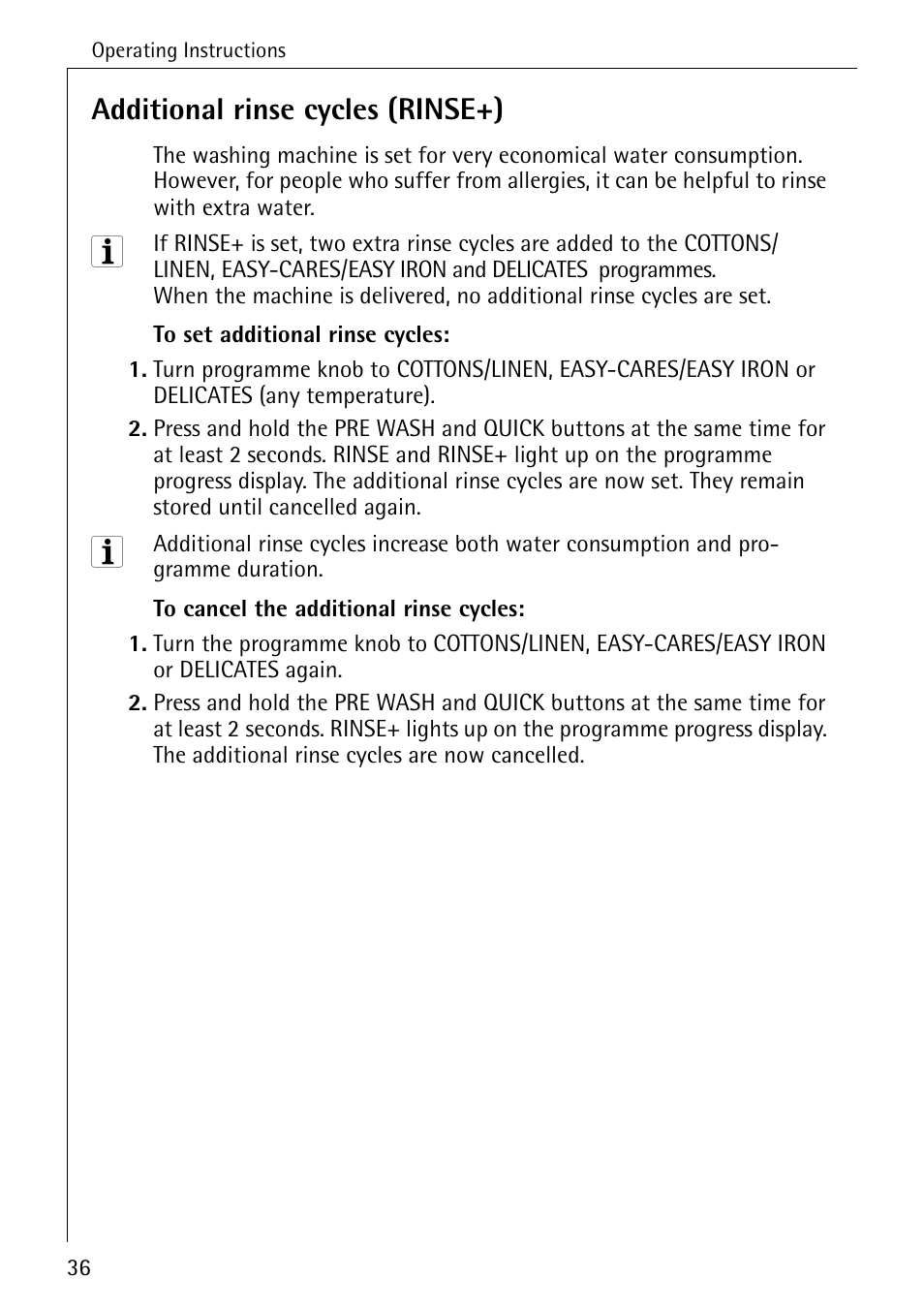 Additional rinse cycles (rinse+) | Electrolux LAVAMAT W 1460 User Manual | Page 36 / 52