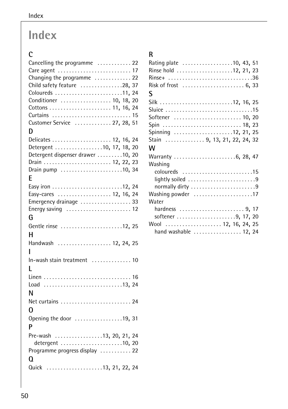 Index | Electrolux LAVAMAT W 1460 User Manual | Page 50 / 52