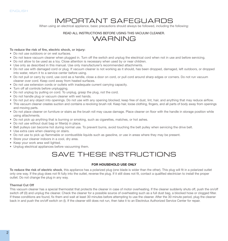 Important safeguards, Warning, Save these instructions | Electrolux EL5010A User Manual | Page 2 / 24