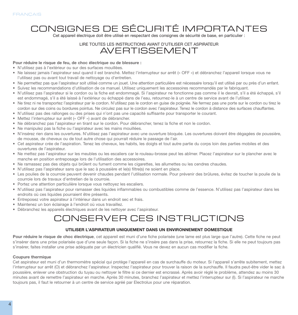 Consignes de sécurité importantes, Avertissement, Conserver ces instructions | Electrolux EL5010A User Manual | Page 4 / 24