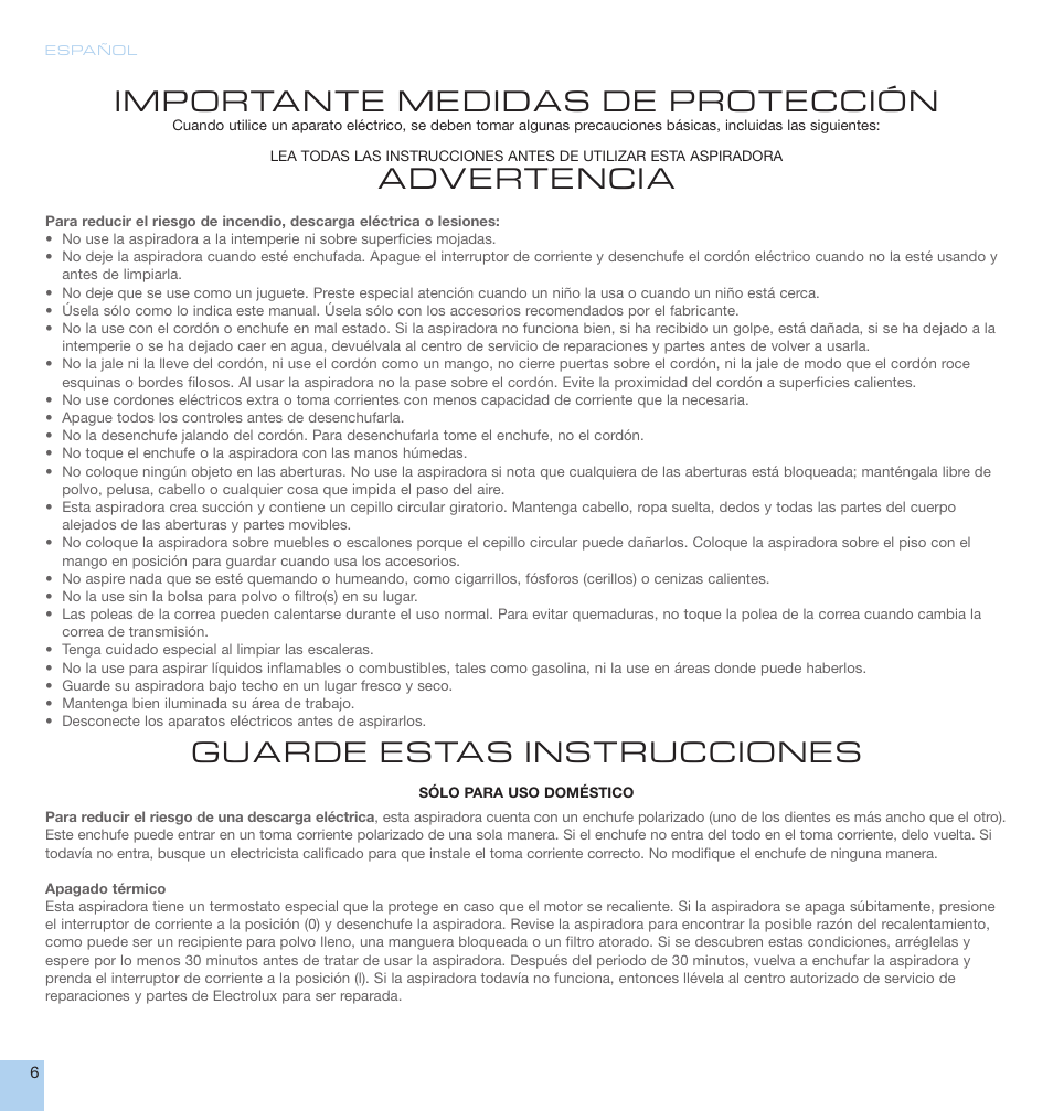 Importante medidas de protección, Advertencia, Guarde estas instrucciones | Electrolux EL5010A User Manual | Page 6 / 24
