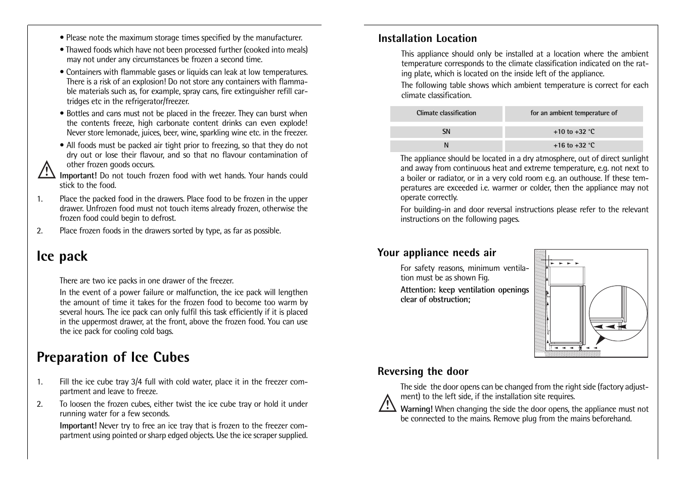 Ice pack, Preparation of ice cubes, Installation location | Your appliance needs air, Reversing the door | Electrolux C 718 40 i User Manual | Page 10 / 28