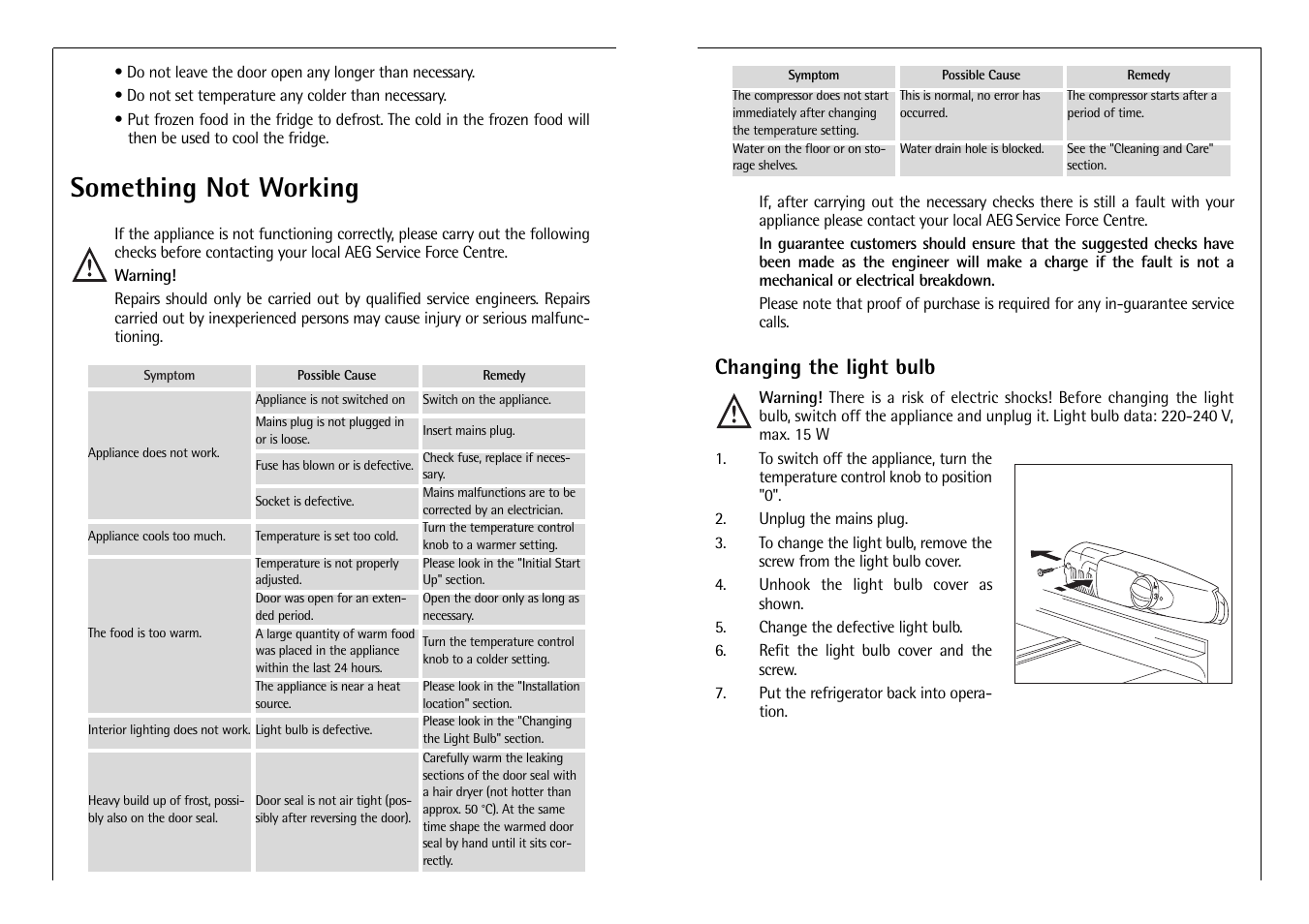 Something not working, Changing the light bulb | Electrolux C 718 40 i User Manual | Page 14 / 28