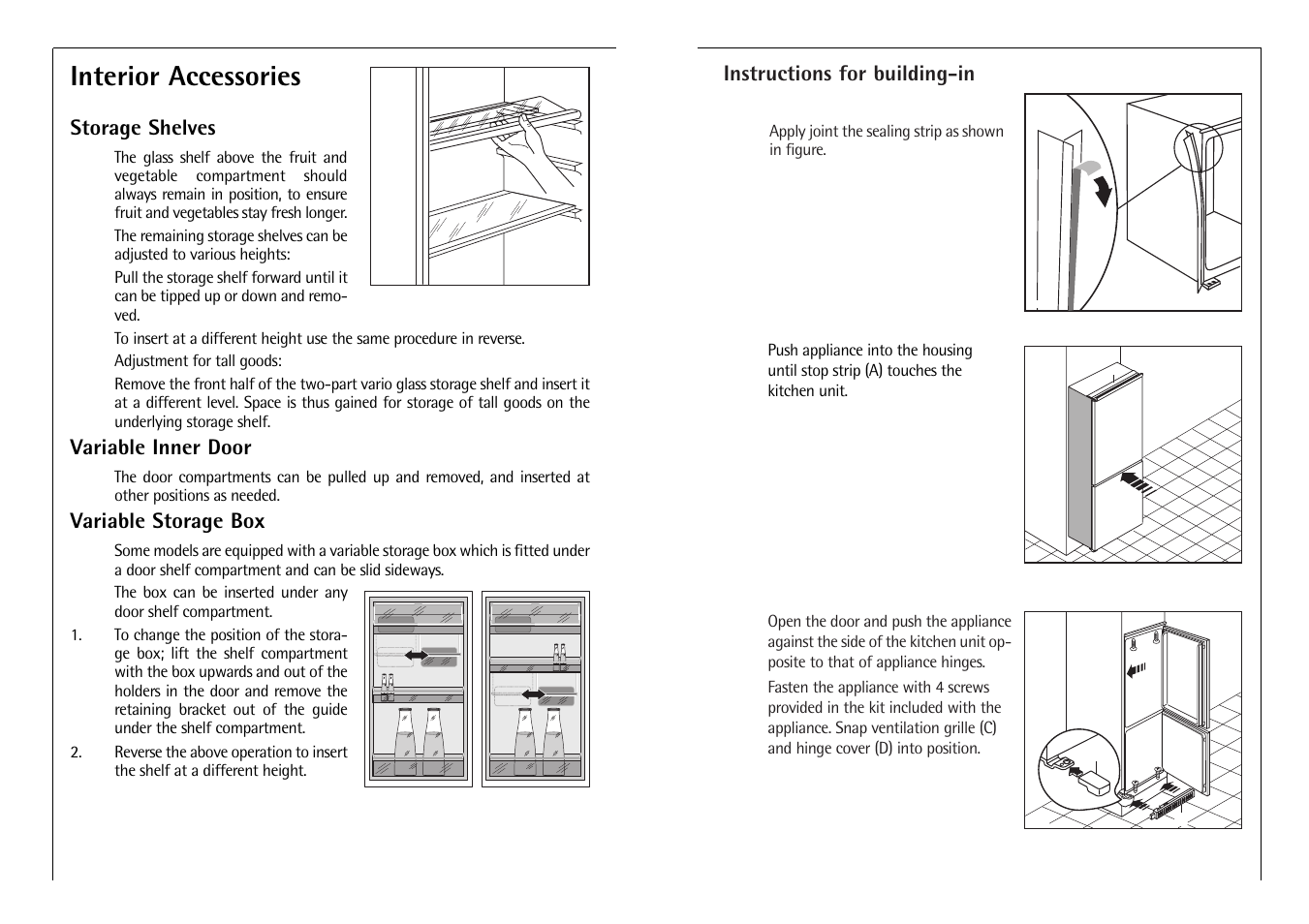 Interior accessories, Storage shelves, Variable inner door | Variable storage box, Instructions for building-in | Electrolux C 718 40 i User Manual | Page 21 / 28