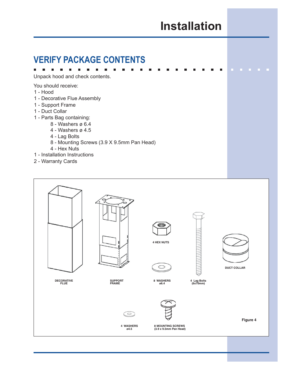 Installation, Verify package contents | Electrolux E40PV100FS User Manual | Page 2 / 8