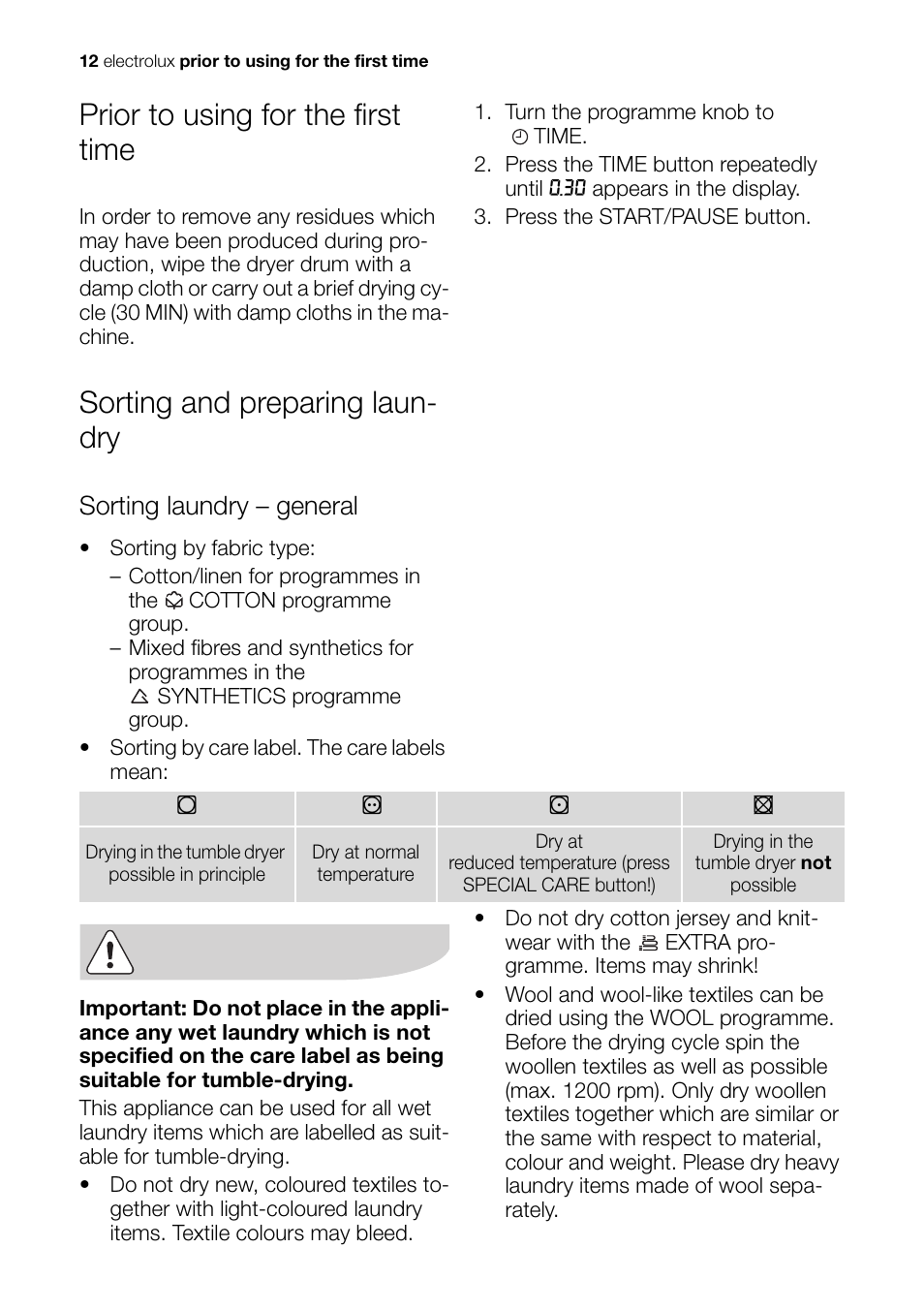 Prior to using for the first time, Sorting and preparing laun- dry, Sorting laundry – general | Electrolux EDI 96150 W User Manual | Page 12 / 48