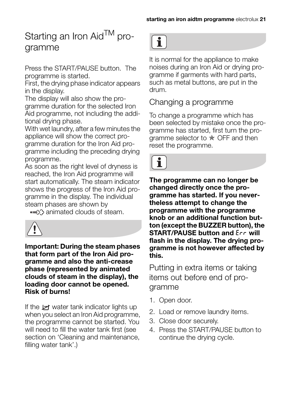 Starting an iron aid, Pro- gramme | Electrolux EDI 96150 W User Manual | Page 21 / 48