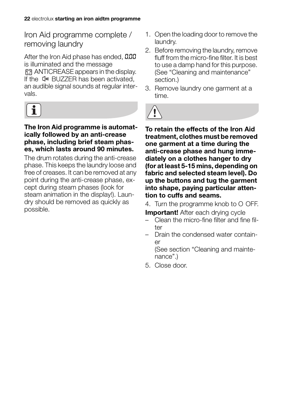 Iron aid programme complete / removing laundry | Electrolux EDI 96150 W User Manual | Page 22 / 48