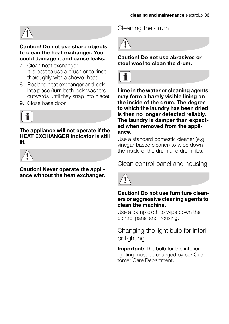 Cleaning the drum, Clean control panel and housing, Changing the light bulb for interi- or lighting | Electrolux EDI 96150 W User Manual | Page 33 / 48