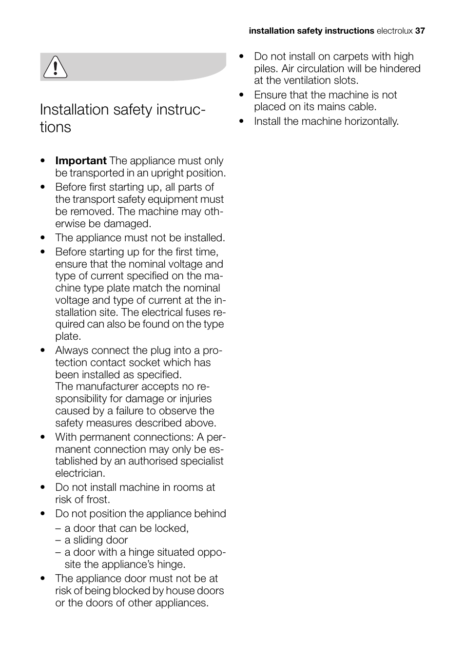 Installation safety instruc- tions | Electrolux EDI 96150 W User Manual | Page 37 / 48