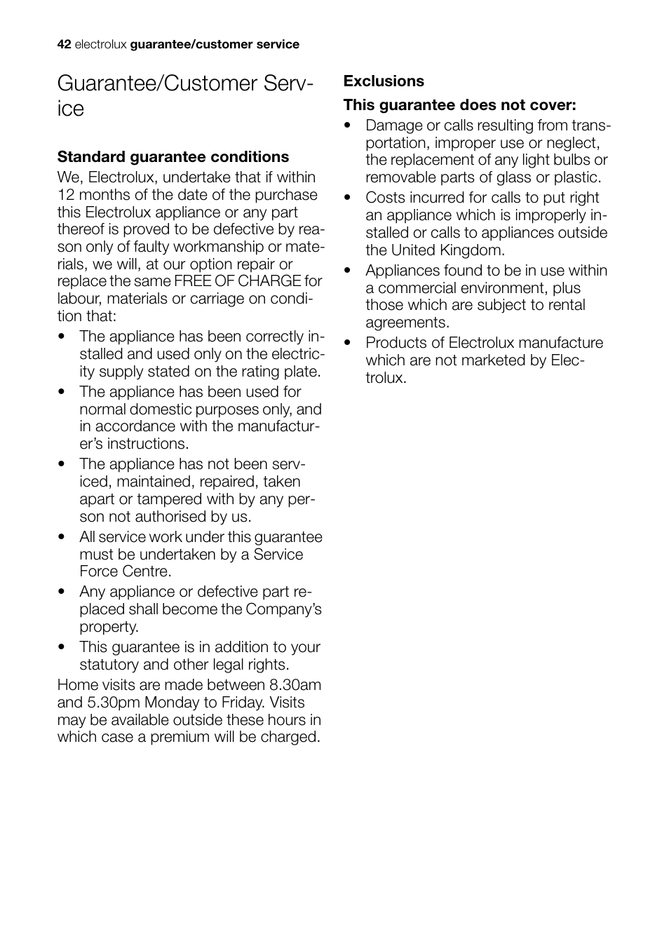 Guarantee/customer serv- ice | Electrolux EDI 96150 W User Manual | Page 42 / 48