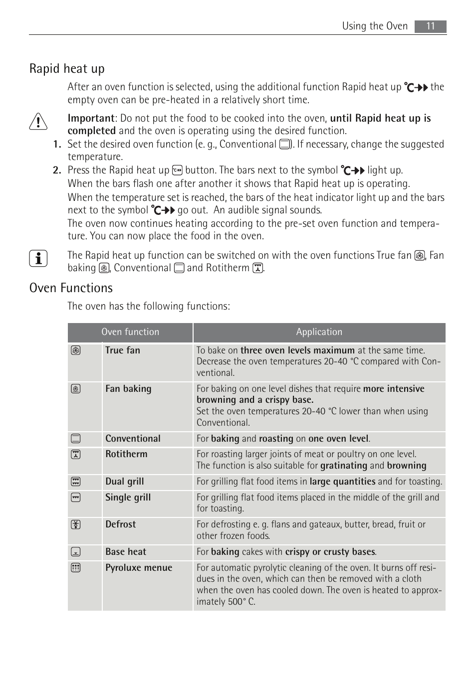Rapid heat up, Oven functions | Electrolux B5741-5 User Manual | Page 11 / 48