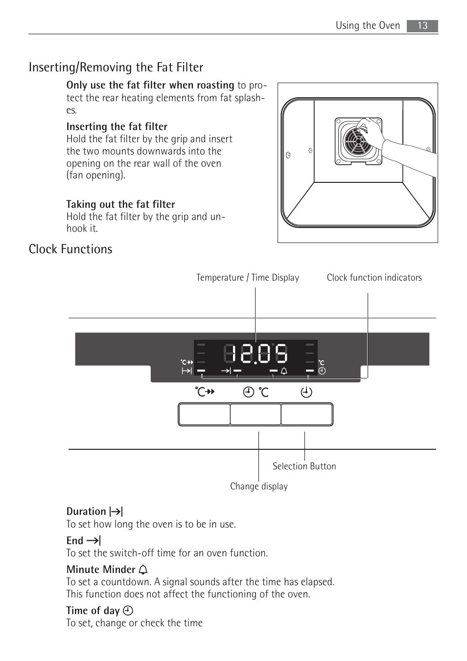 Inserting/removing the fat filter, Clock functions | Electrolux B5741-5 User Manual | Page 13 / 48