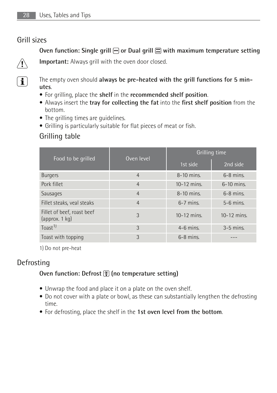 Grill sizes, Grilling table, Defrosting | Electrolux B5741-5 User Manual | Page 28 / 48