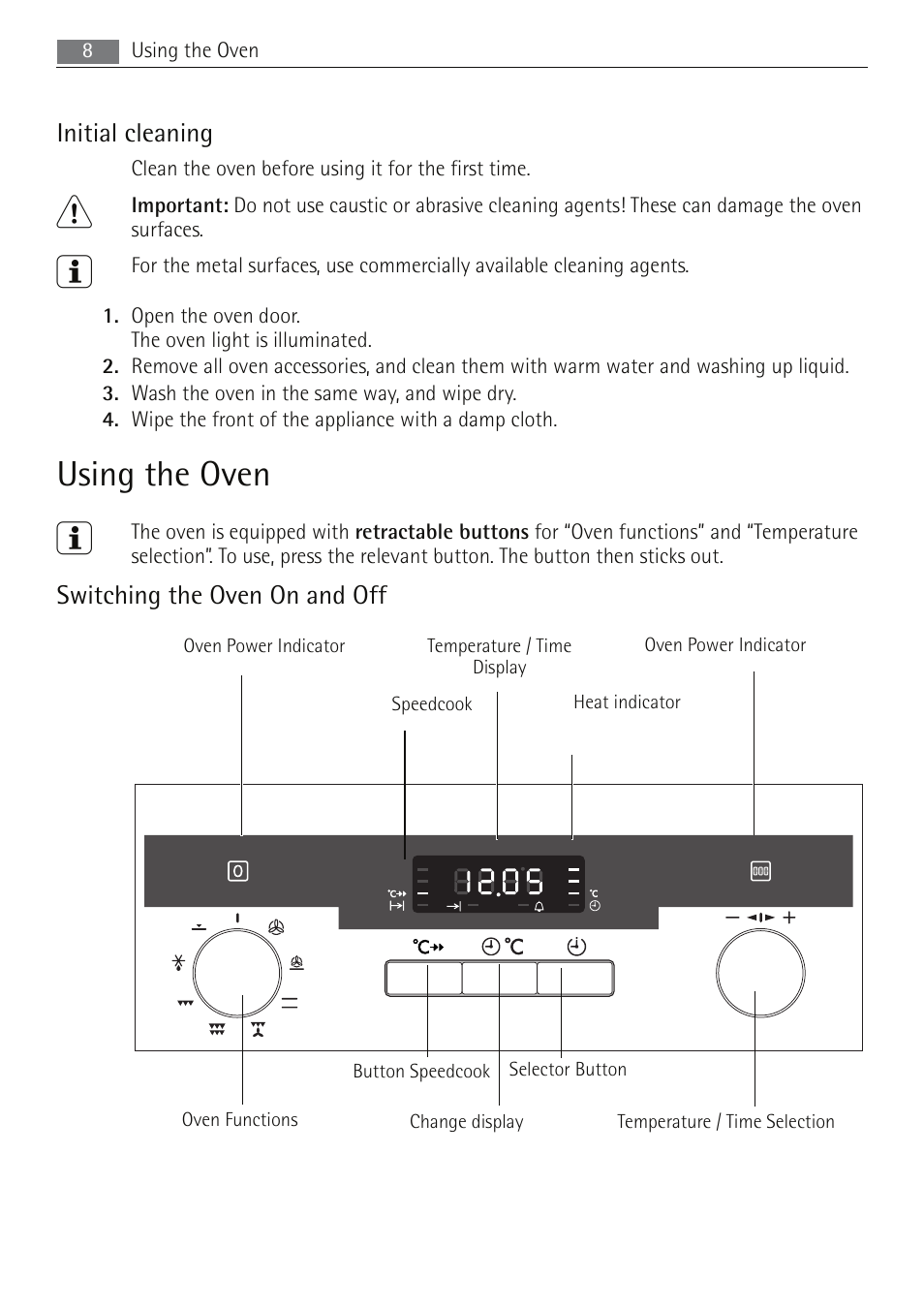 Using the oven, Initial cleaning, Switching the oven on and off | Electrolux B5741-5 User Manual | Page 8 / 48