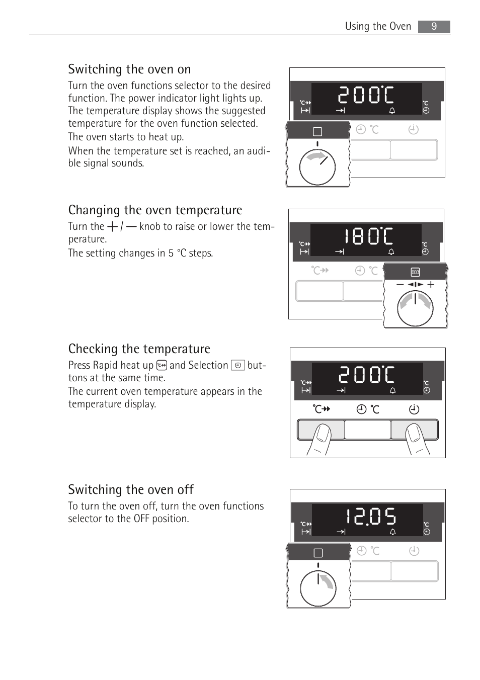 Switching the oven on, Changing the oven temperature, Checking the temperature | Switching the oven off | Electrolux B5741-5 User Manual | Page 9 / 48