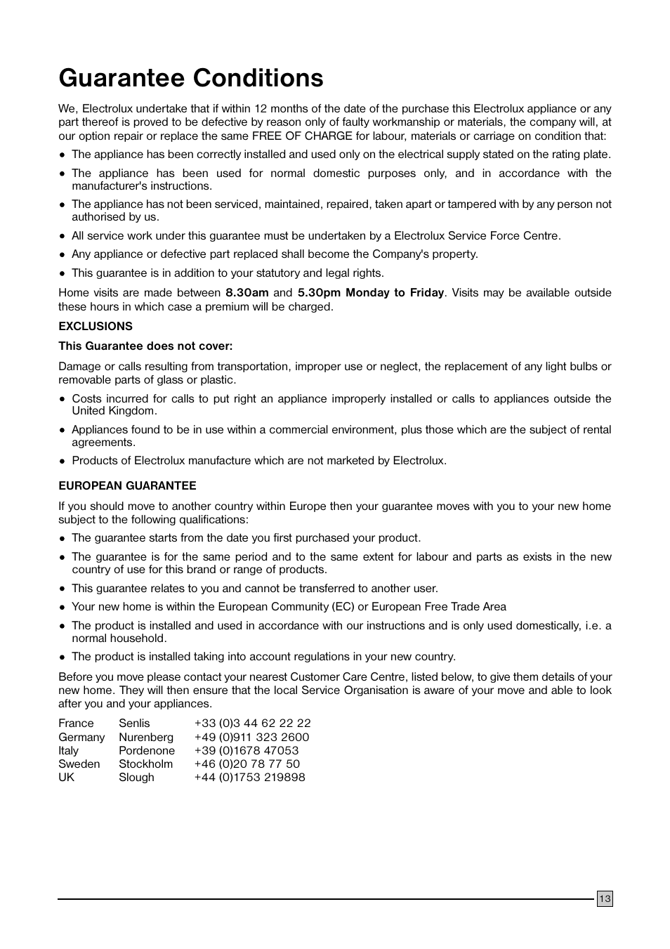 Guarantee conditions | Electrolux ECS 1647 User Manual | Page 13 / 20
