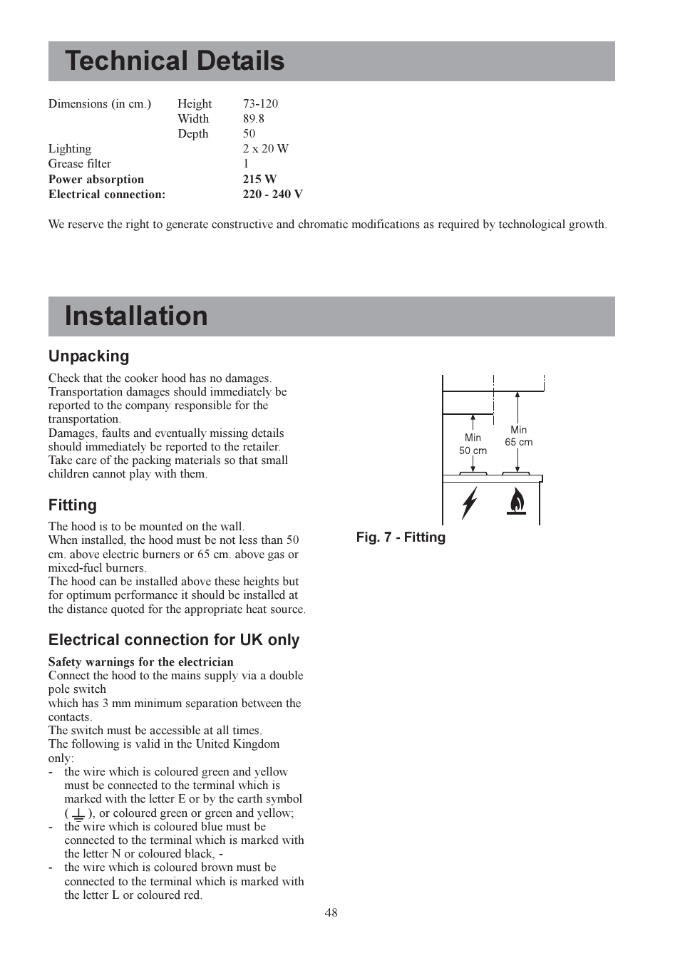 Technical details installation, Unpacking, Fitting | Electrical connection for uk only | Electrolux EFC 980 User Manual | Page 12 / 15