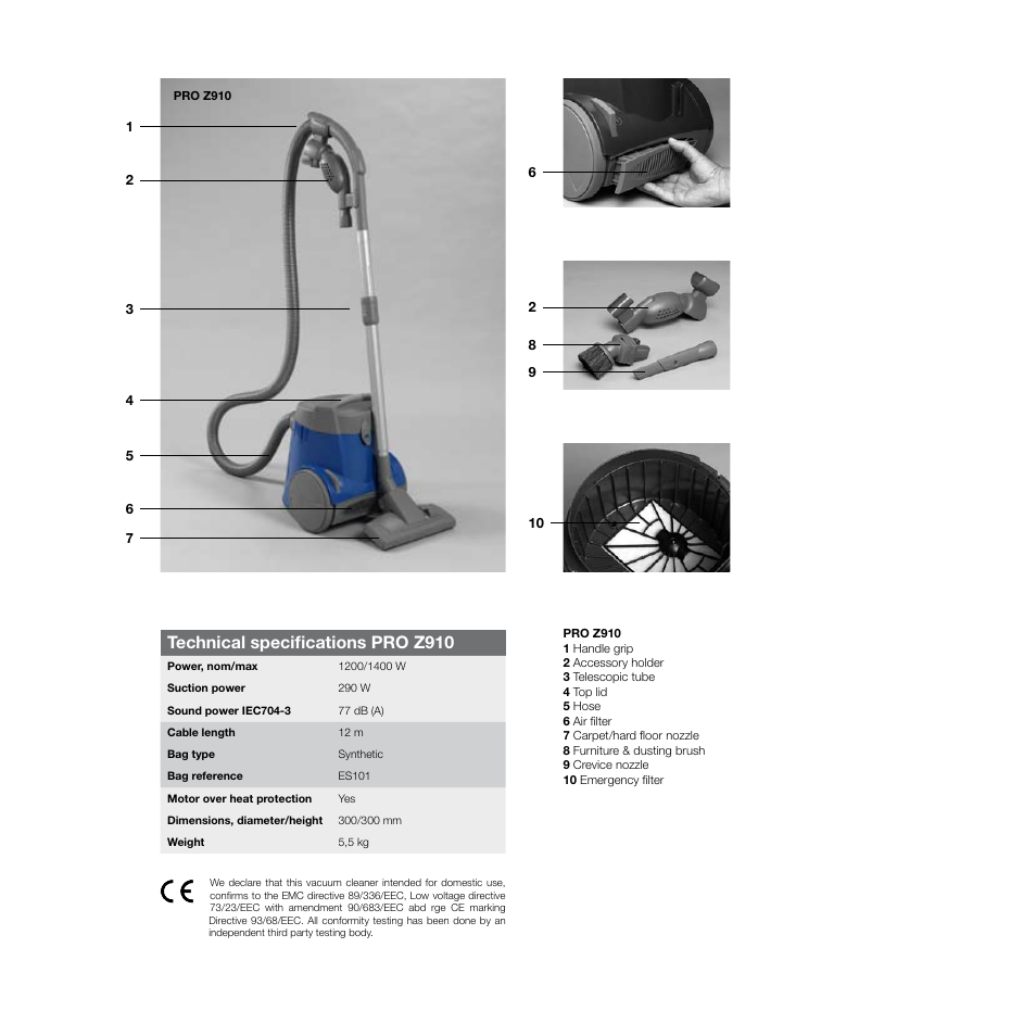 Technical specifications pro z910 | Electrolux Pro Z910 User Manual | Page 19 / 20