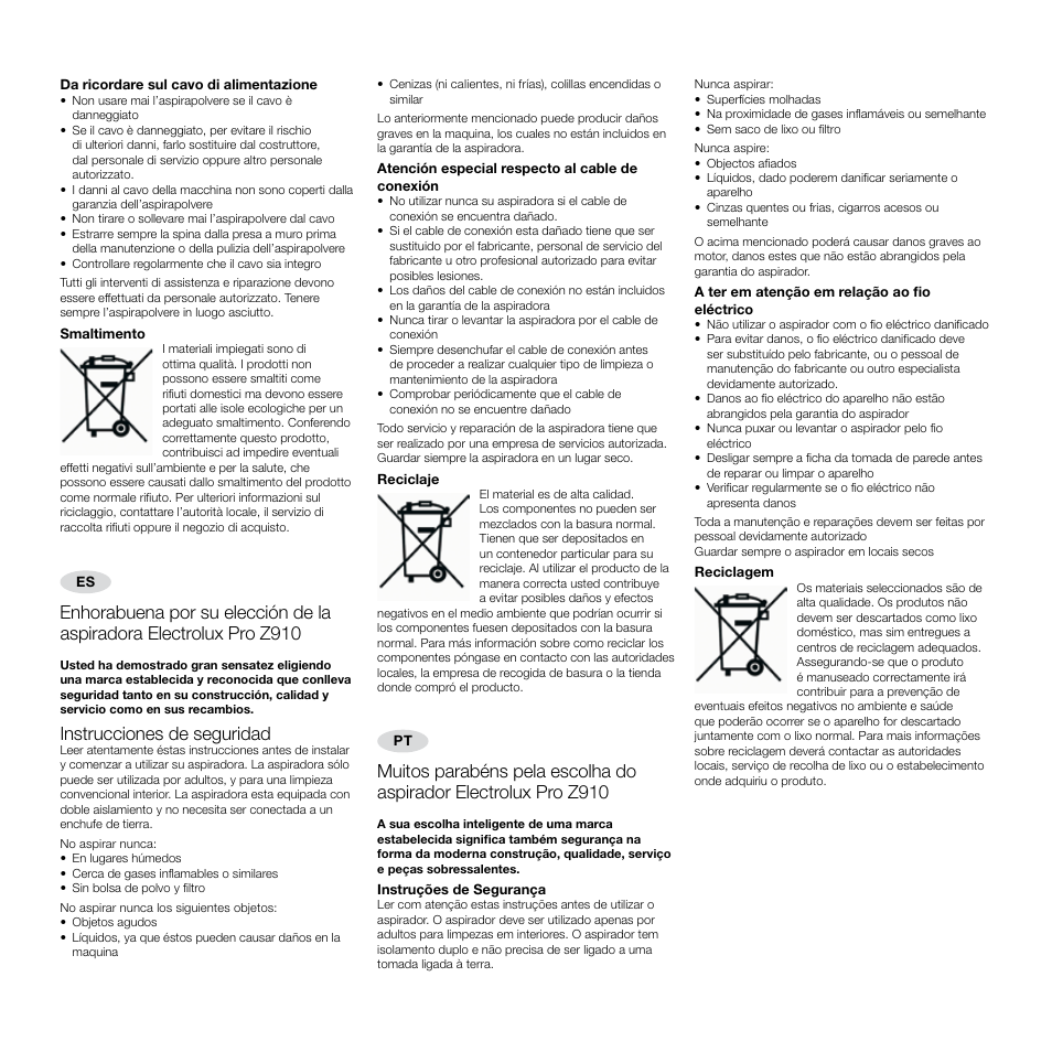 Instrucciones de seguridad | Electrolux Pro Z910 User Manual | Page 5 / 20