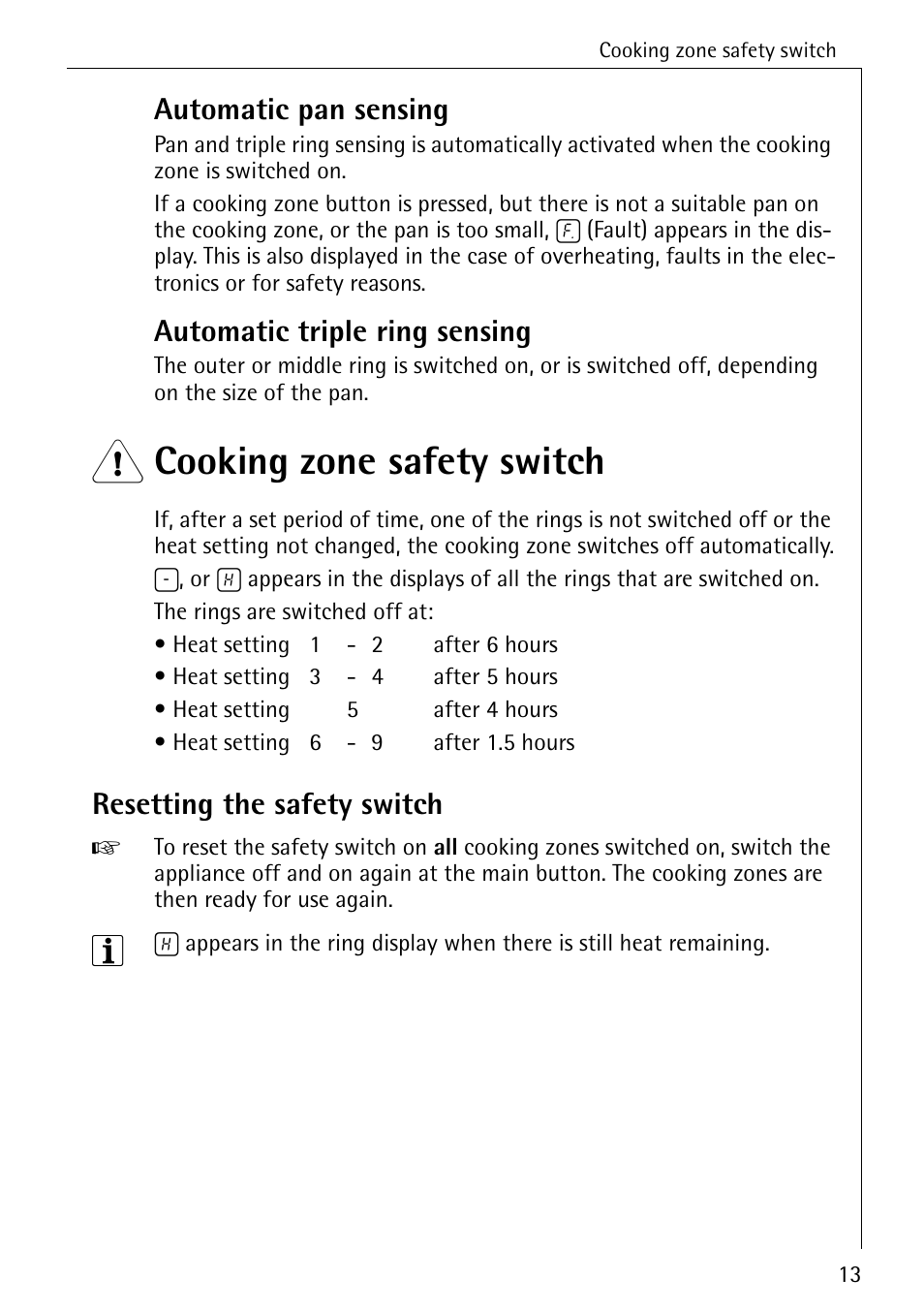 1 cooking zone safety switch, Automatic pan sensing, Automatic triple ring sensing | Resetting the safety switch | Electrolux 65320 K User Manual | Page 13 / 40