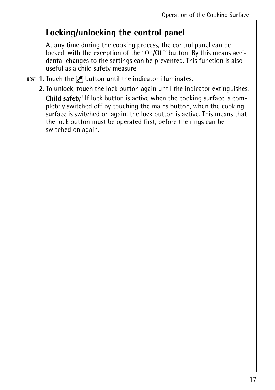 Locking/unlocking the control panel | Electrolux 65320 K User Manual | Page 17 / 40