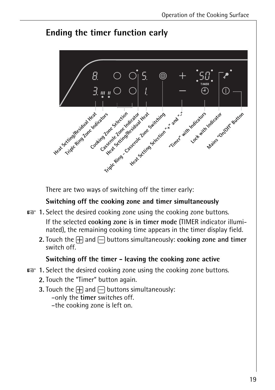 Ending the timer function early, Operation of the cooking surface | Electrolux 65320 K User Manual | Page 19 / 40