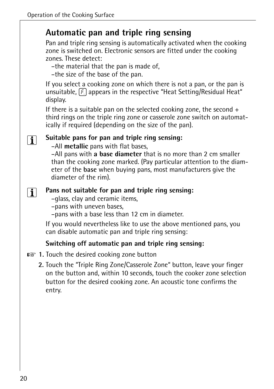 Automatic pan and triple ring sensing | Electrolux 65320 K User Manual | Page 20 / 40
