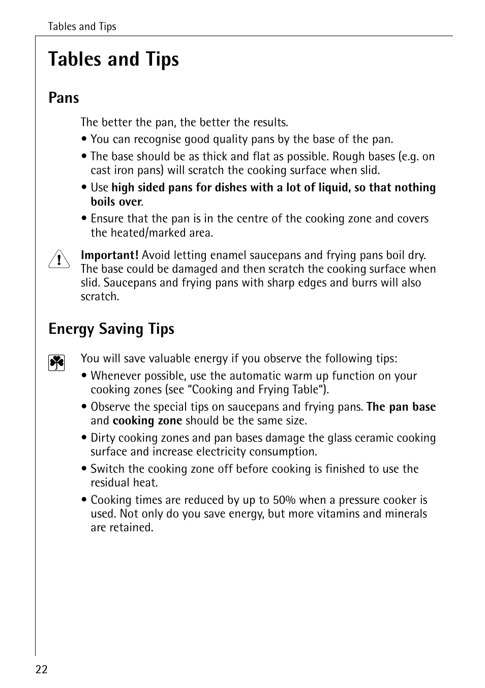 Tables and tips, Pans, Energy saving tips | Electrolux 65320 K User Manual | Page 22 / 40