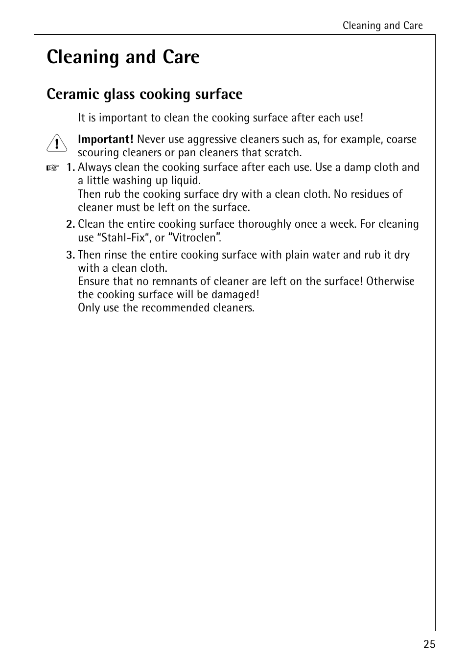 Cleaning and care, Ceramic glass cooking surface | Electrolux 65320 K User Manual | Page 25 / 40