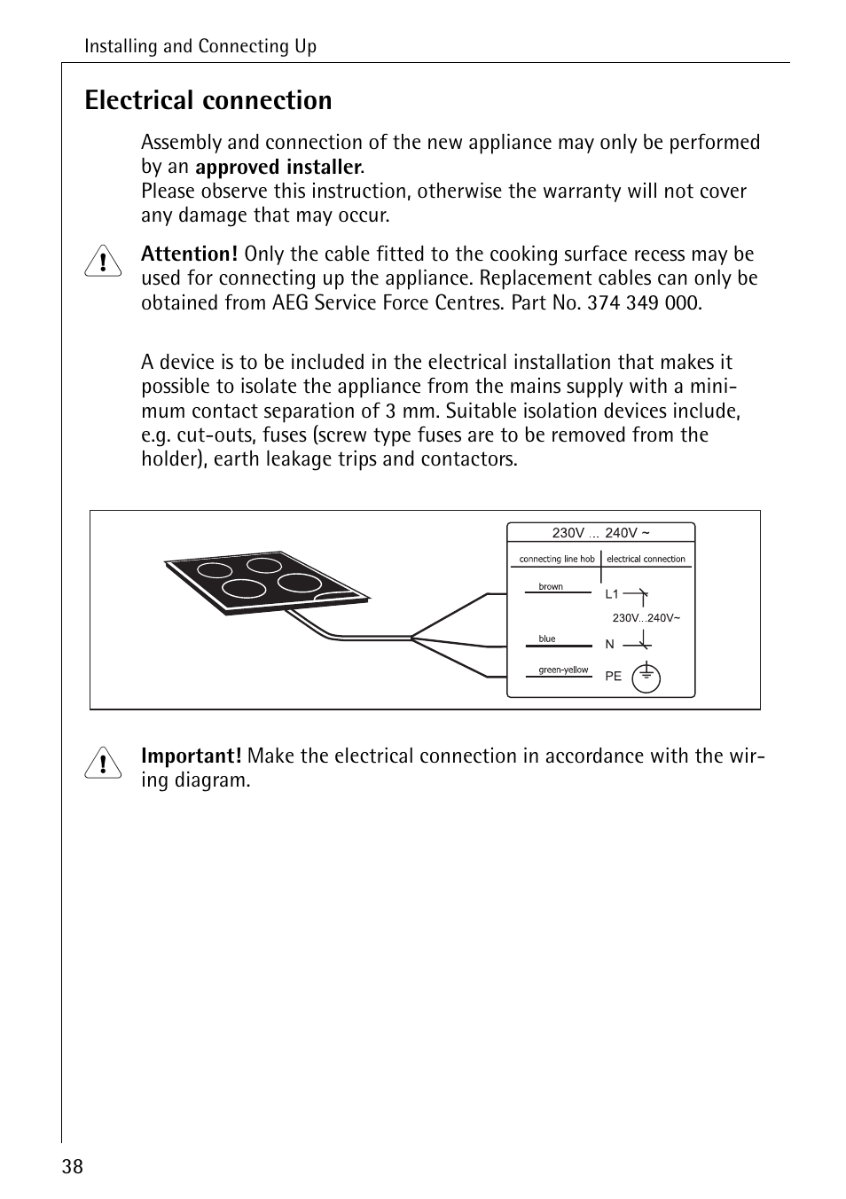 Electrical connection | Electrolux 65320 K User Manual | Page 38 / 40