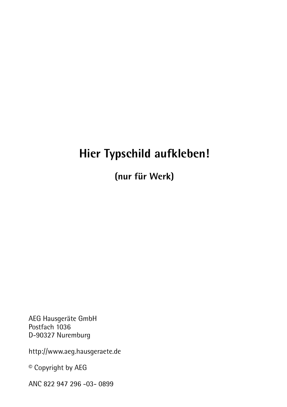 Hier typschild aufkleben | Electrolux 65320 K User Manual | Page 40 / 40