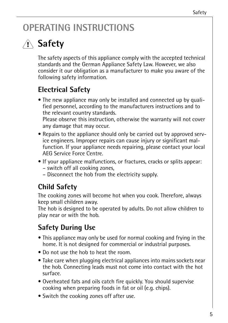 Operating instructions, Safety, Electrical safety | Child safety, Safety during use | Electrolux 65320 K User Manual | Page 5 / 40