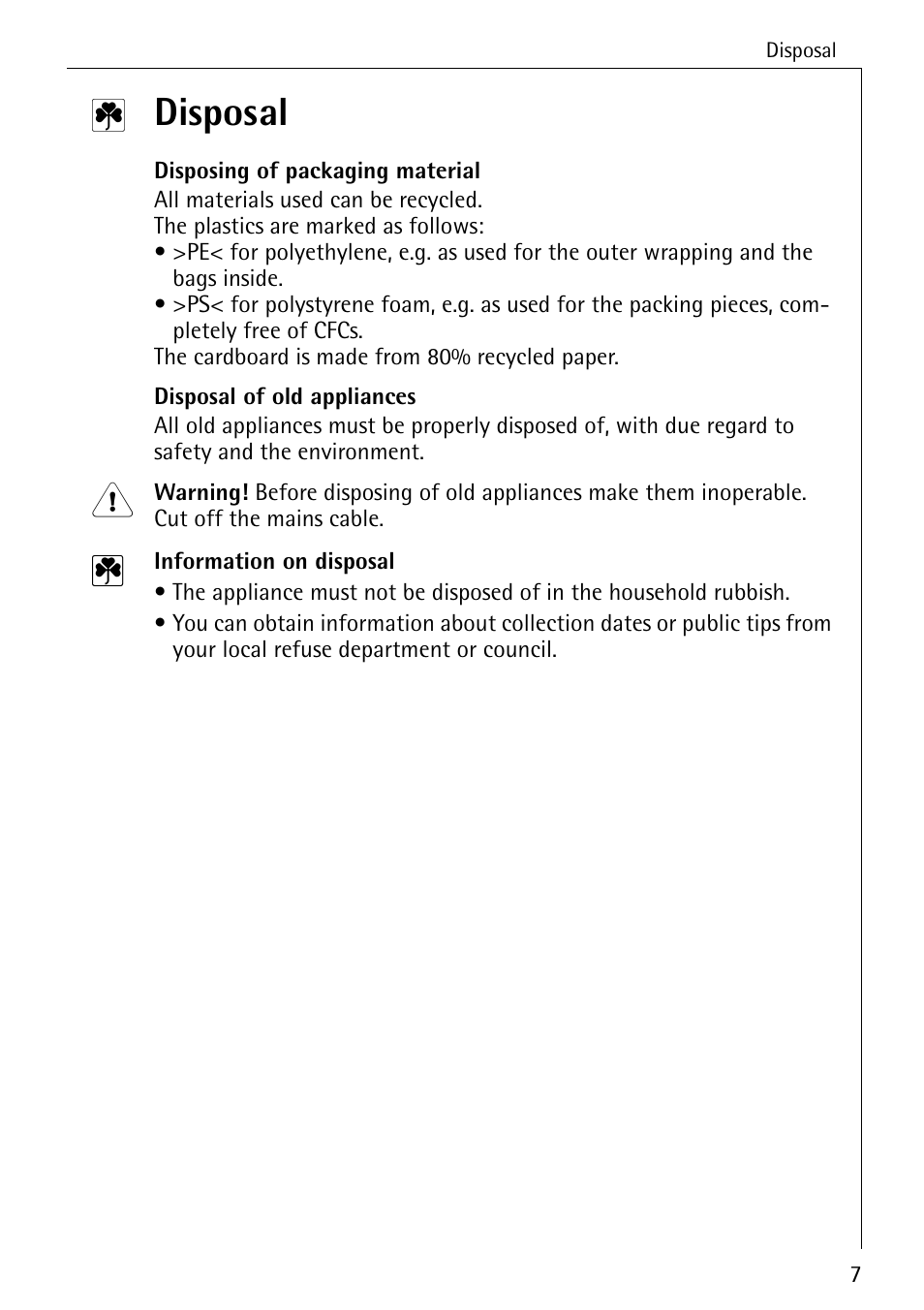 Disposal | Electrolux 65320 K User Manual | Page 7 / 40