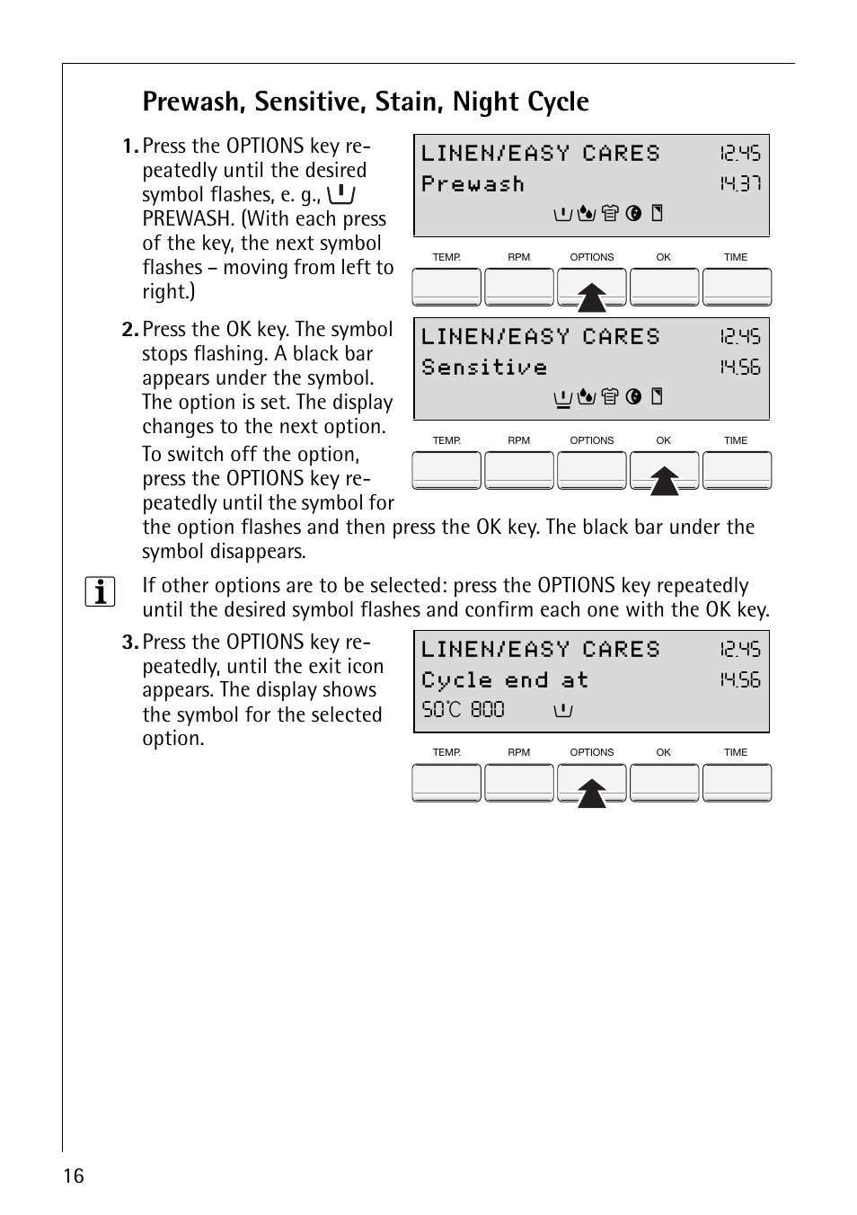 Prewash, sensitive, stain, night cycle | Electrolux 86800 User Manual | Page 16 / 44