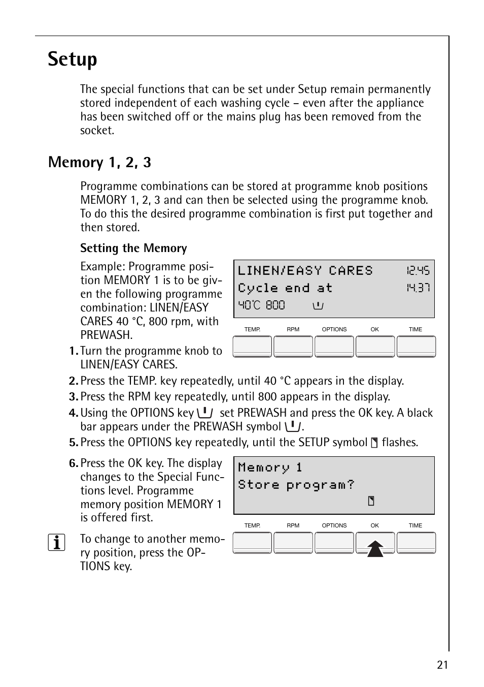Setup | Electrolux 86800 User Manual | Page 21 / 44