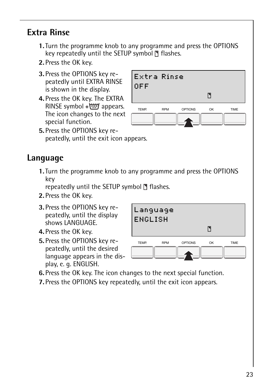 Extra rinse, Language | Electrolux 86800 User Manual | Page 23 / 44