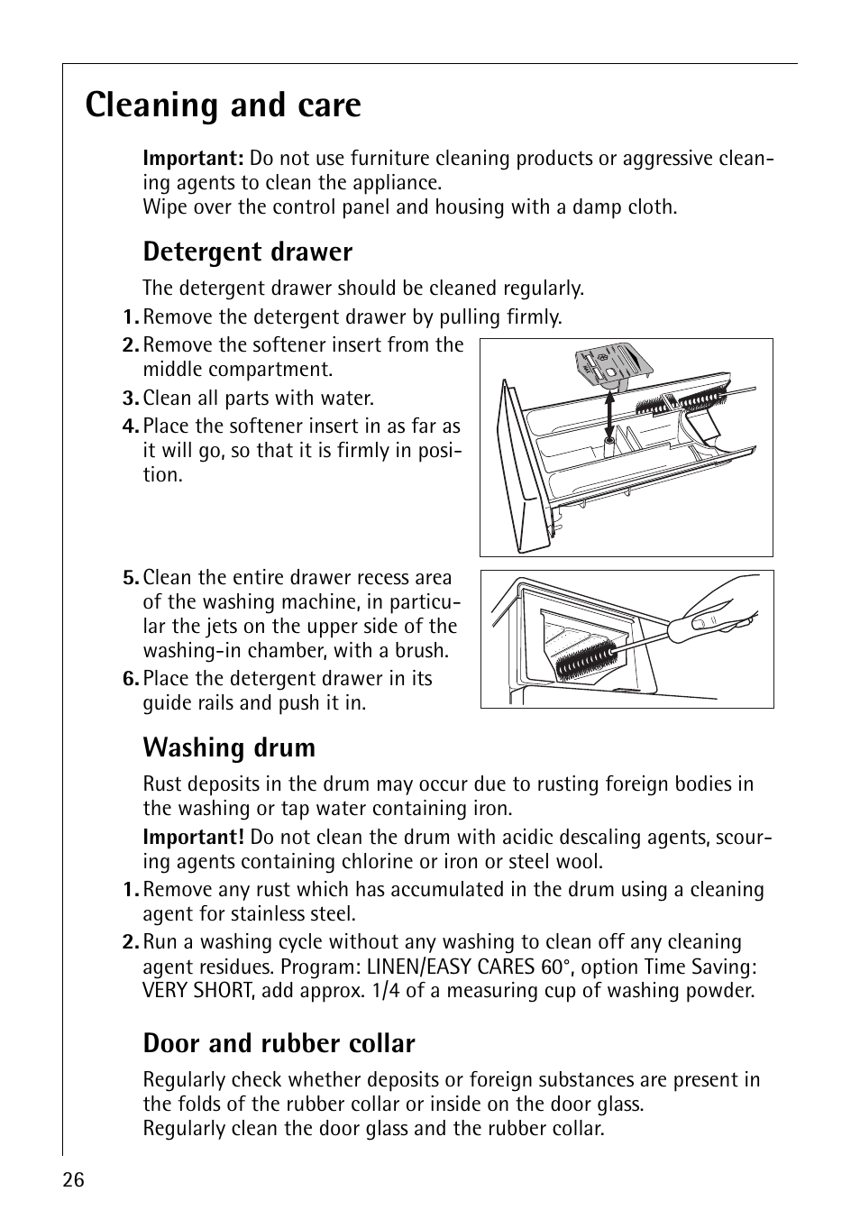 Cleaning and care, Detergent drawer, Washing drum | Door and rubber collar | Electrolux 86800 User Manual | Page 26 / 44